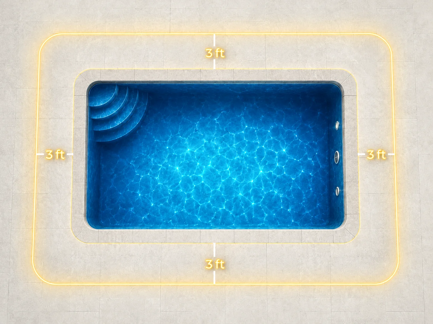 Diagram showing 95% of pool plumbing leaks are within 3 feet of the pool shell