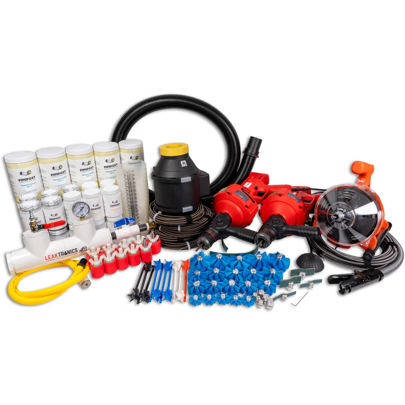 Pipepoxy Pro Complete Kit with augers, Accumix, brushes, sanding discs, blower, and pressure equipment