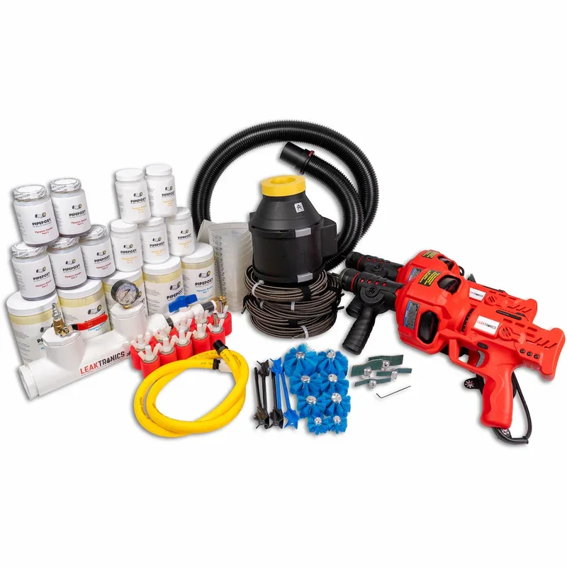 Pipepoxy Pro Kit contents: augers, brushes, sanding discs, Accumix, pressure rig and blower